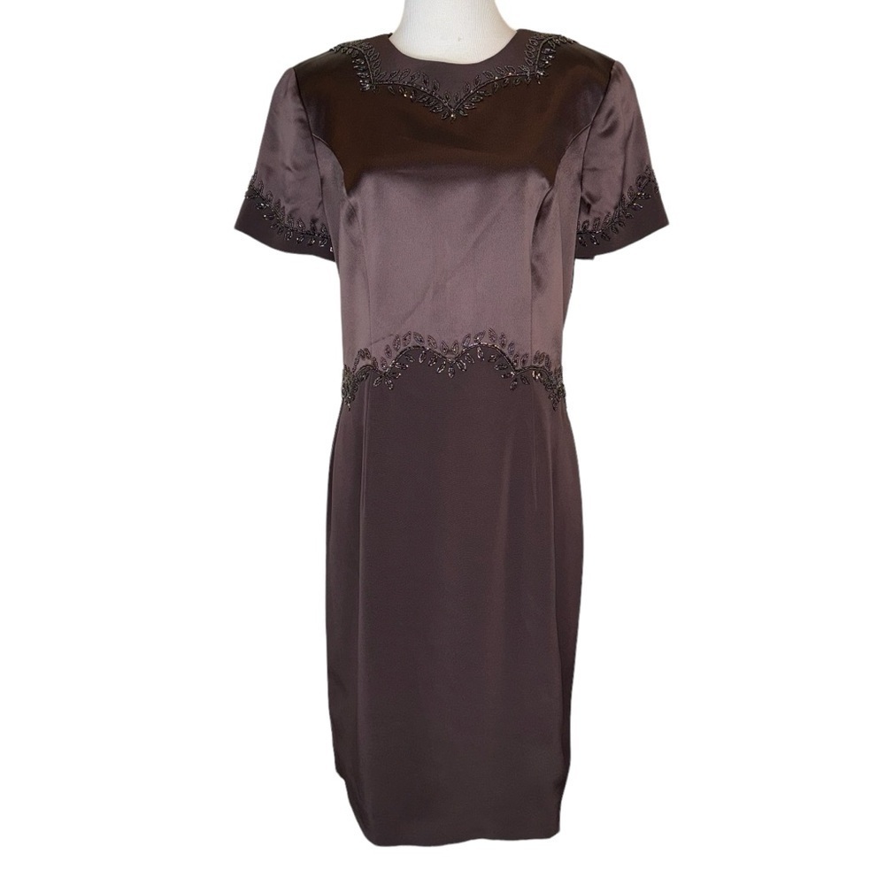 Vintage Oleg Cassini Black Tie Brown Satin Beaded Short Sleeve Dress Sz 12